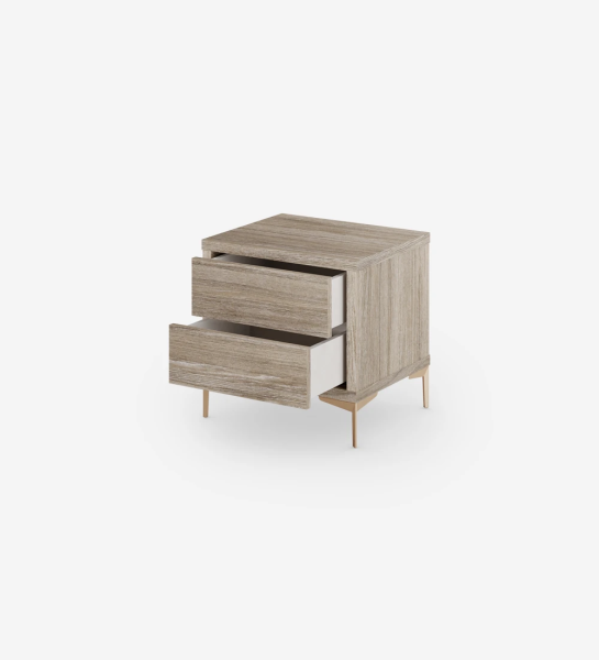 Bedside table with 2 drawers, in decapé oak and golden metallic feet.