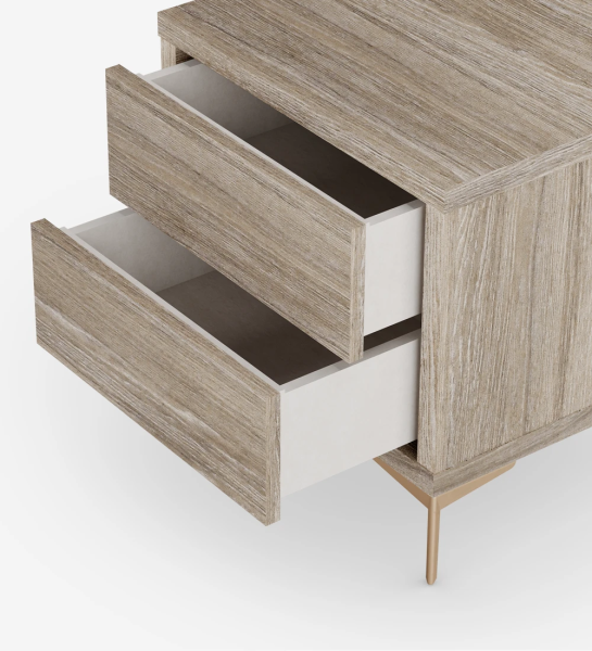 Bedside table with 2 drawers, in decapé oak and golden metallic feet.
