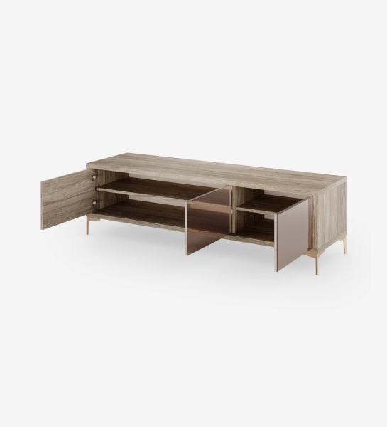 TV Stand with 3 rosé mirror doors, with decapé oak structure and golden metallic feet.