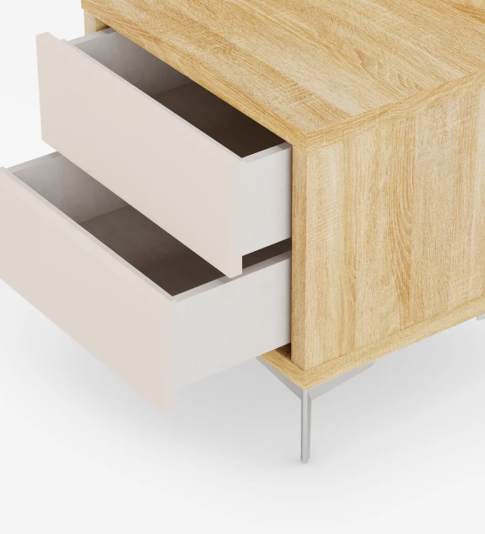 Table de chevet avec 2 tiroirs en perle, structure en chêne naturel et pieds métalliques.