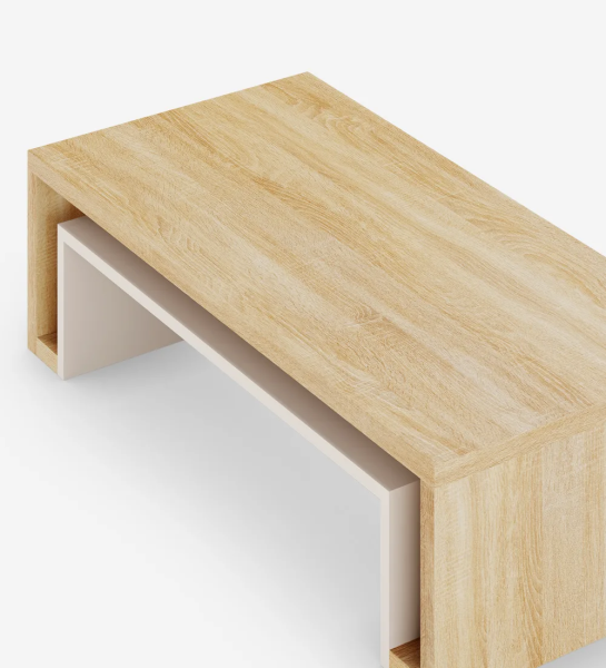 Rectangular natural oak center table, with pearl interior detail.