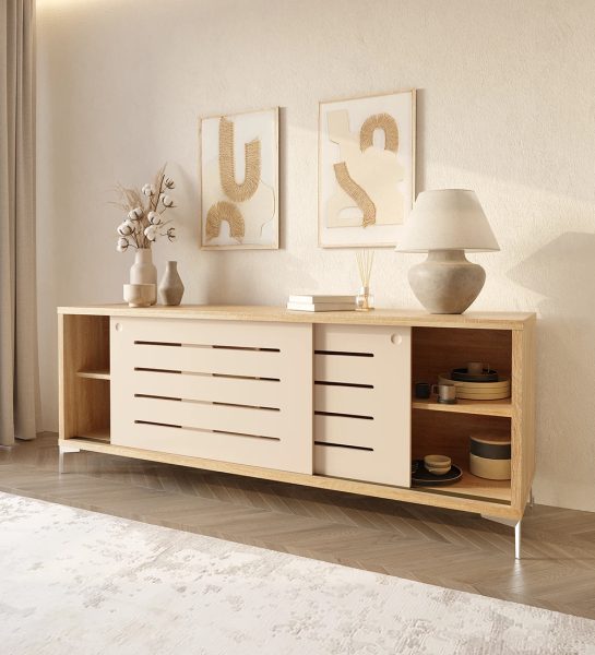 Sideboard with 2 pearl sliding doors with friezes, with natural oak structure and metallic feet.