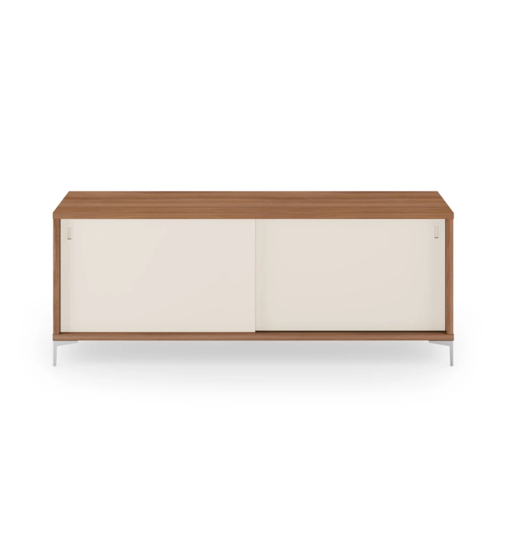 Sideboard with 2 sliding pearl doors, walnut structure and metallic feet.