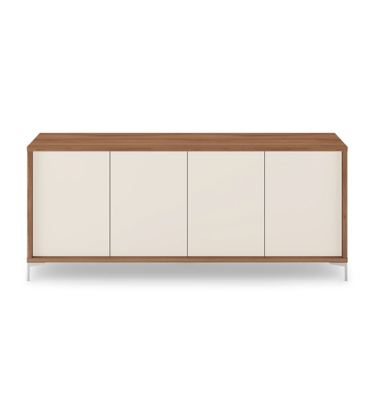 Tall sideboard with 4 pearl doors, walnut structure and metallic feet.