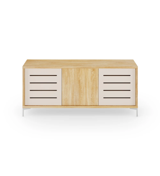 Sideboard with 2 side doors in pearl with friezes, 1 central door and structure in natural oak and metallic feet.