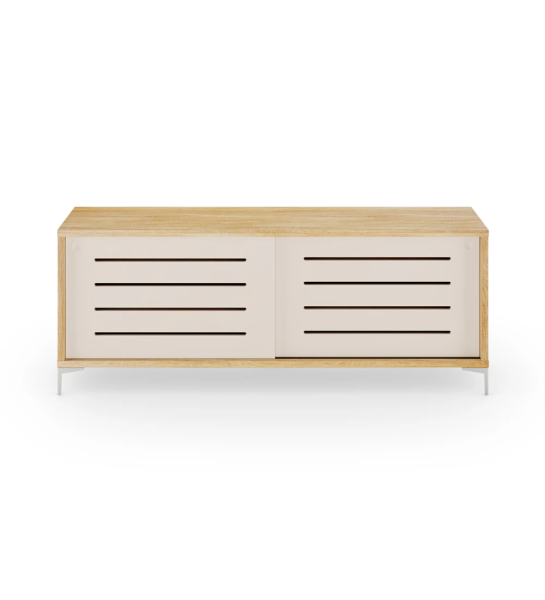 Sideboard with 2 pearl sliding doors with friezes, with natural oak structure and metallic feet.