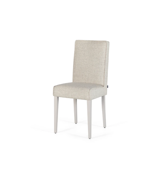 Chaise rembourré en tissu, pieds laqués en perle.