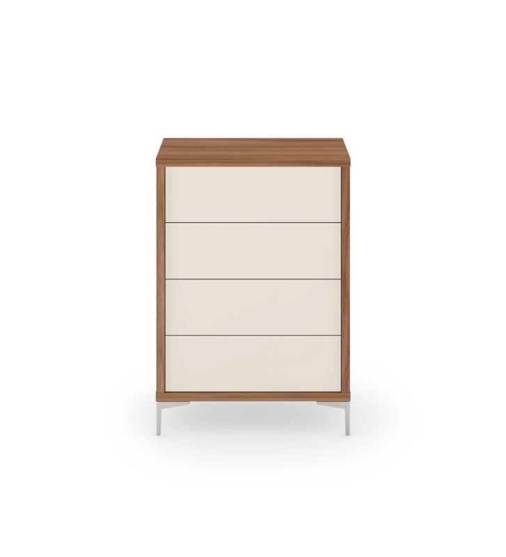 Dresser with 4 pearl drawers, walnut structure and metallic feet.