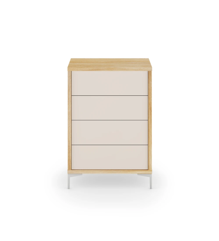 Dresser with 4 pearl drawers, natural oak structure and metallic feet.