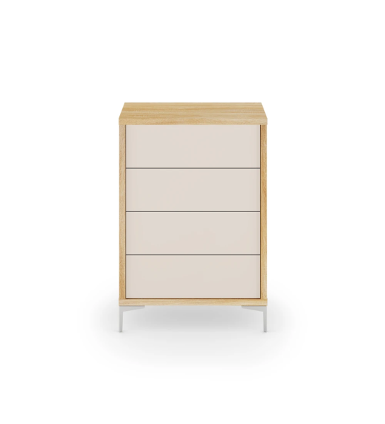 Dresser with 4 pearl drawers, natural oak structure and metallic feet.