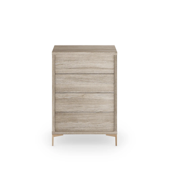 Dresser with 4 drawers, in decapé oak and golden metallic feet.