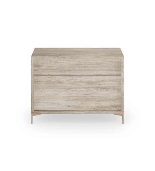 Dresser with 3 drawers, in decapé oak and golden metallic feet.