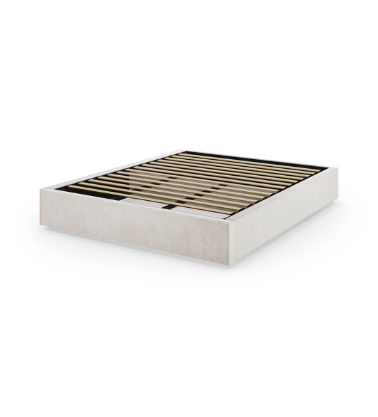 Sommier double rembourré en tissu, avec plateforme élévatrice pour le rangement.