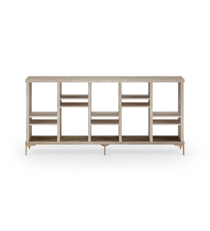 Decapé oak console, with pearl shelves and golden metallic feet.