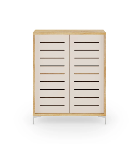 Cupboard with 2 pearl doors with friezes, natural oak structure and metallic feet.