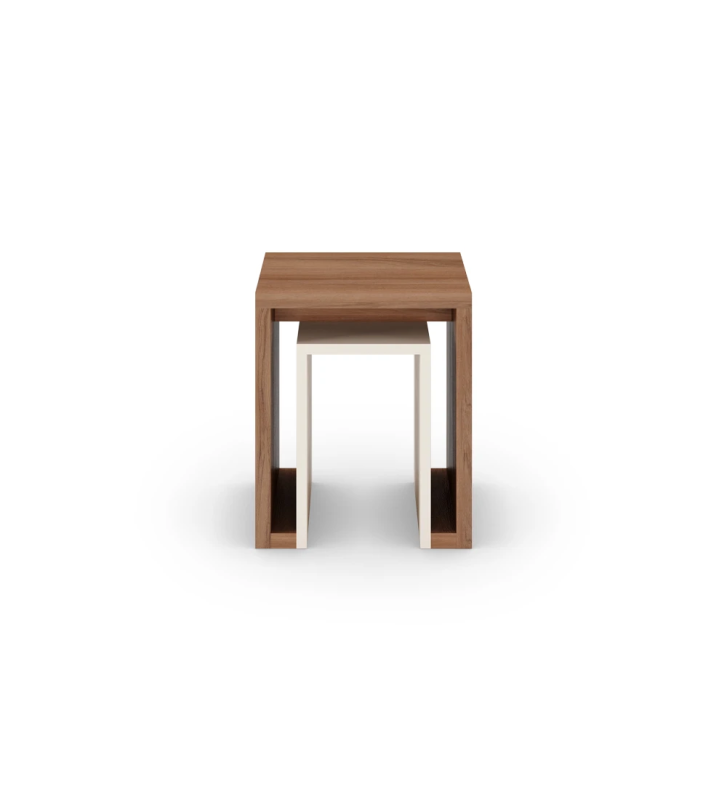 Square side table in walnut, with pearl interior detail.