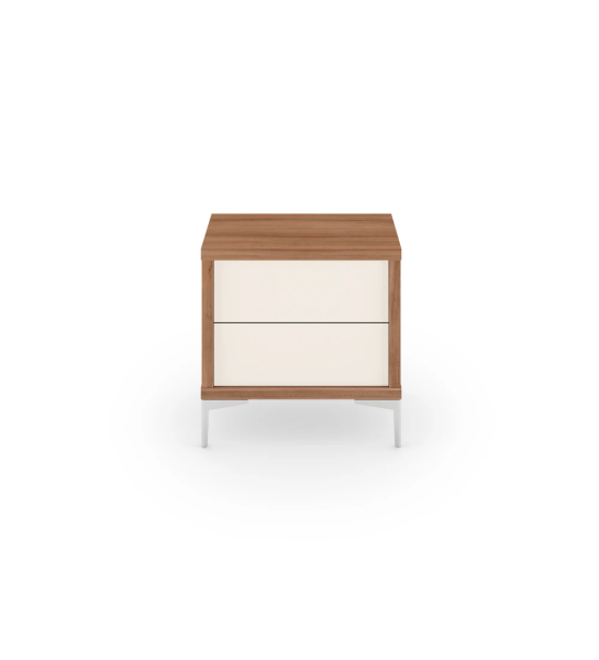 Bedside table with 2 pearl drawers, walnut structure and metallic feet.