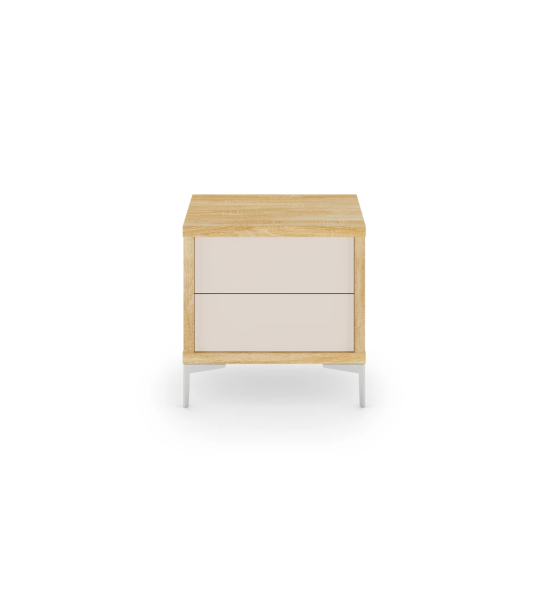 Bedside table with 2 pearl drawers, natural oak structure and metallic feet.