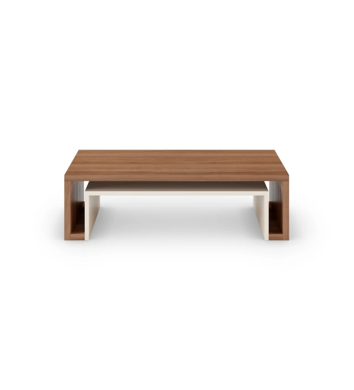 Rectangular walnut center table, with pearl interior detail.