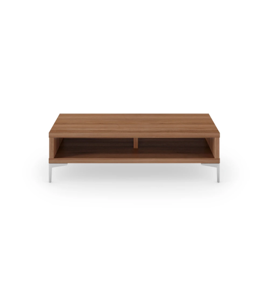 Rio rectangular center table in walnut, metal feet, 110 x 55 cm.