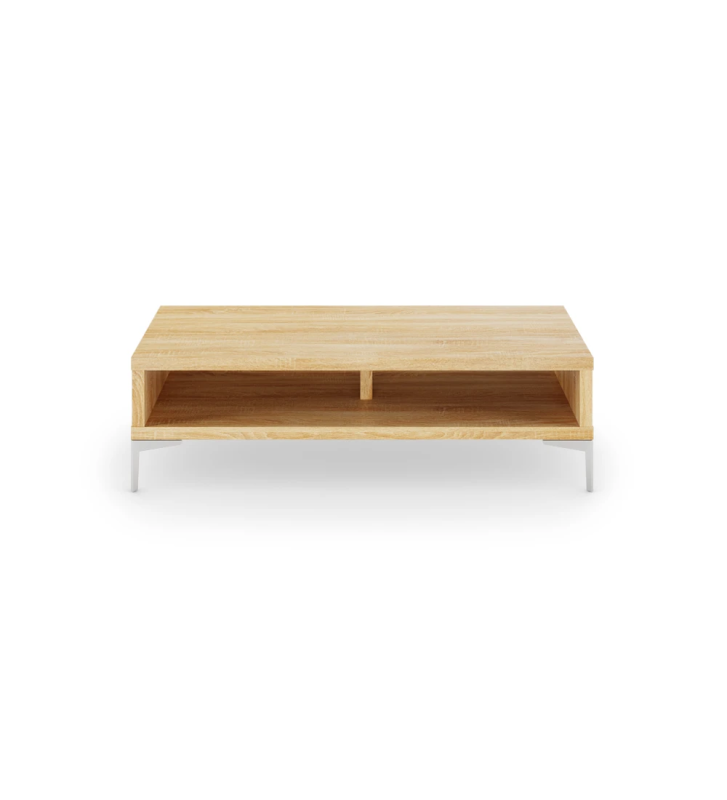 Table basse rectangulaire en chêne naturel, avec pieds en métal.