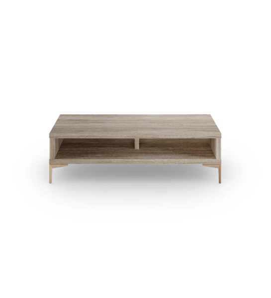 Table basse Rio rectangulaire en chêne décapé, pieds en métal doré, 110 x 55 cm.