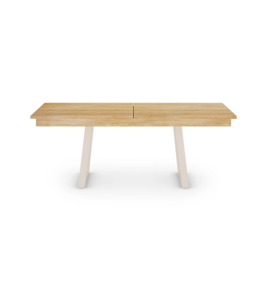Rectangular extendable dining table with natural oak top and pearl lacquered metal feet.
