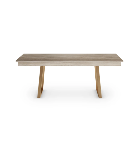 Table de repas rectangulaire Rio 150 x 90 cm, plateau en chêne décapé, pieds en métal laqué doré.