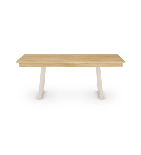 Table de repas rectangulaire Rio 150 x 90 cm, plateau en chêne naturel, pieds en métal laqué perle.