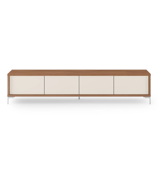 Mueble TV Rio 4 puertas en color perla, con estructura de nogal y patas de metal, 235 x 50 cm.