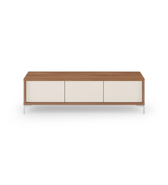 Rio TV stand 3 doors in pearl, walnut structure and metal feet, 172 x 50 cm.