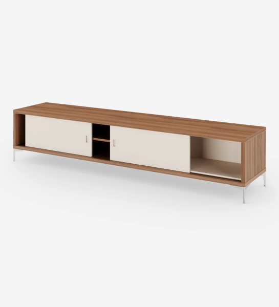 TV Stand with 2 sliding pearl doors, walnut structure and metallic feet.