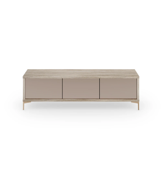 Rio TV stand 3 doors in pink mirror, decapé oak structure and golden metal feet, 172 x 50 cm.