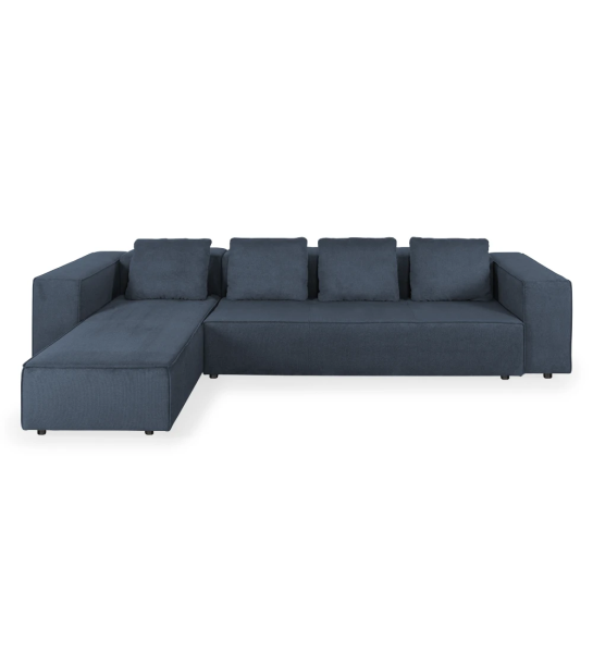 Rio 3-seater sofa and left chaise longue, upholstered in blue fabric, 339 cm.