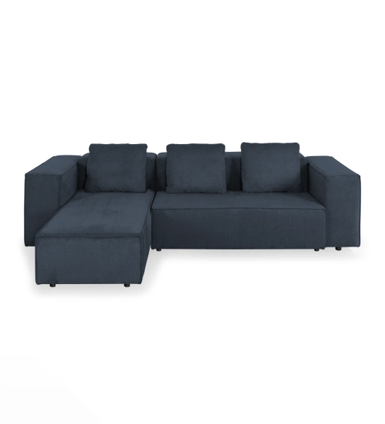 Sofá Rio 2 lugares e chaise longue esquerda, estofado a tecido azul, 289 cm.