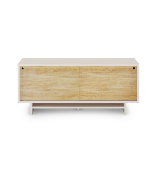 Aparador con 2 puertas correderas en roble natural, con estructura en perla.