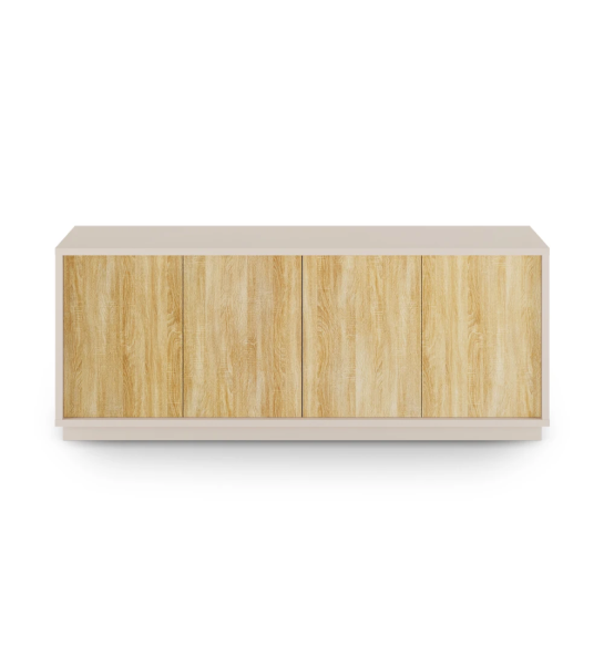 Sideboard with 4 doors in natural oak, with structure and baseboard in pearl.