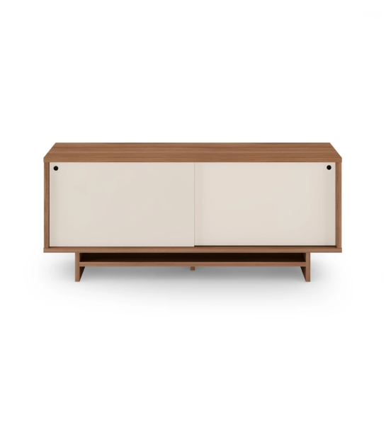 Sideboard with 2 sliding doors in pearl, with structure in walnut.
