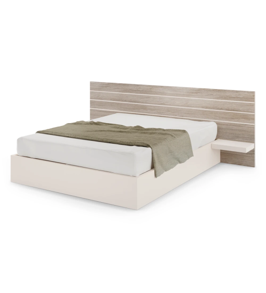 Double bed with decapé oak headboard, with shelves and pearl base, with storage through a lifting platform.