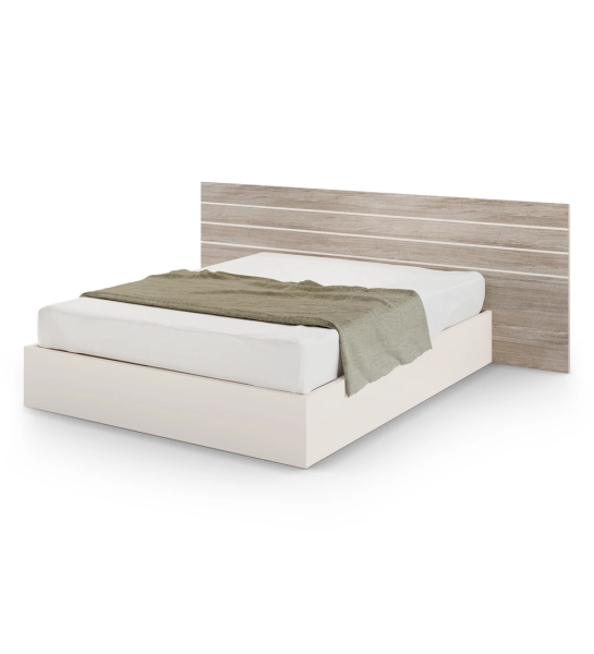 Double bed with decapé oak headboard and pearl base, with storage through a lifting platform.