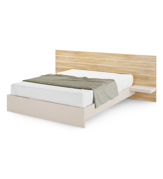 Cama doble con cabecero de roble natural, con estantes y base en perla.