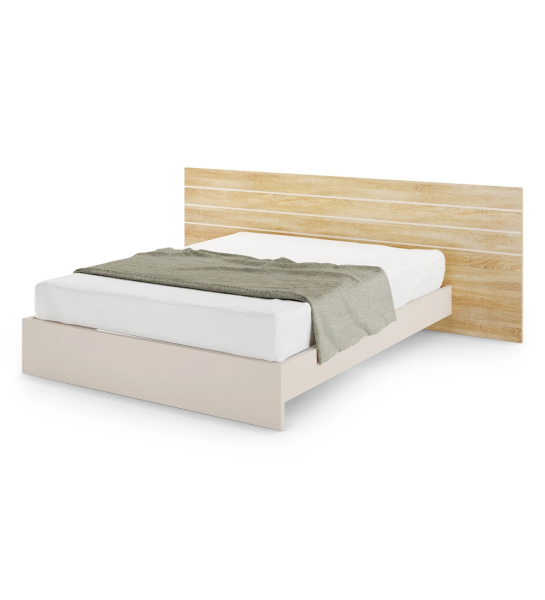 Cama doble con cabecero de roble natural y base en perla.
