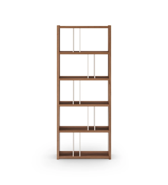 Dallas vertical bookcase in walnut with pearl interior sides, 75 x 185 cm.