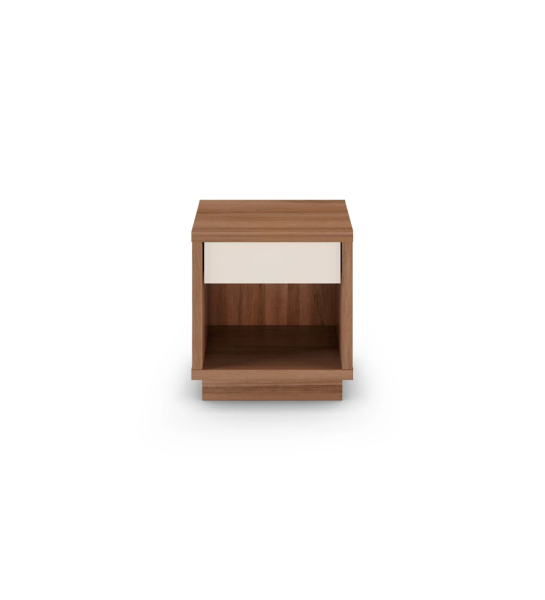 Bedside table with 1 drawer in walnut, with structure in pearl.