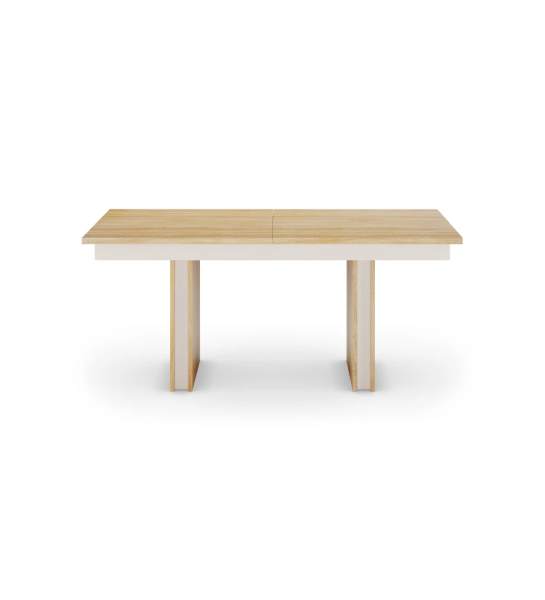 Rectangular extendable dining table in natural oak and pearl detail.