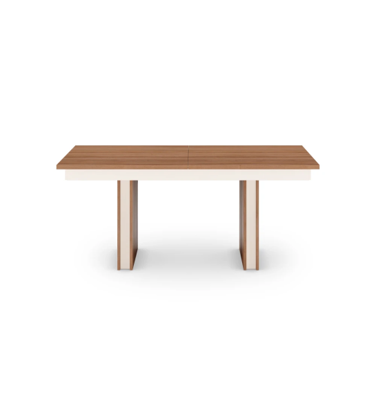 Rectangular extendable dining table in walnut and pearl detail.