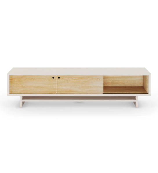 Móvel TV Dallas 2 portas de correr e módulo movível em carvalho cor natural, com estrutura em pérola, 235 x 57 cm.