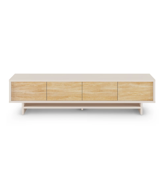 Mueble TV Dallas 4 puertas en roble natural, con estructura perla, 235 x 57 cm.