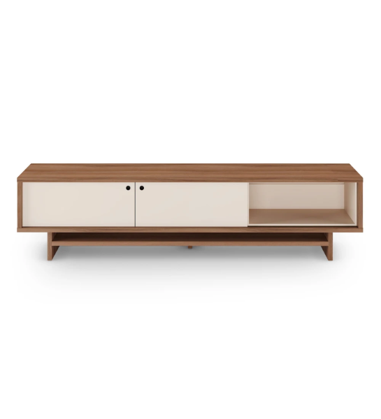 Móvel TV Dallas 2 portas de correr e módulo movível em pérola, com estrutura em nogueira, 235 x 57 cm.