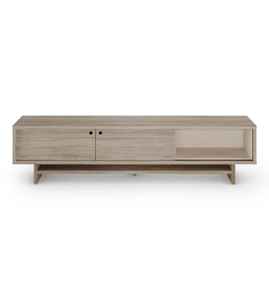 Móvel TV Dallas 2 portas de correr e estrutura em carvalho decapé, com módulo movível em pérola, 235 x 57 cm.